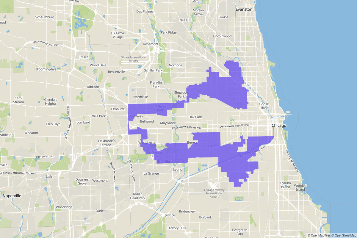 Illinois 4th Congressional District - a bizarre earmuff-shaped district connecting two disconnected areas via a thin strip along a highway