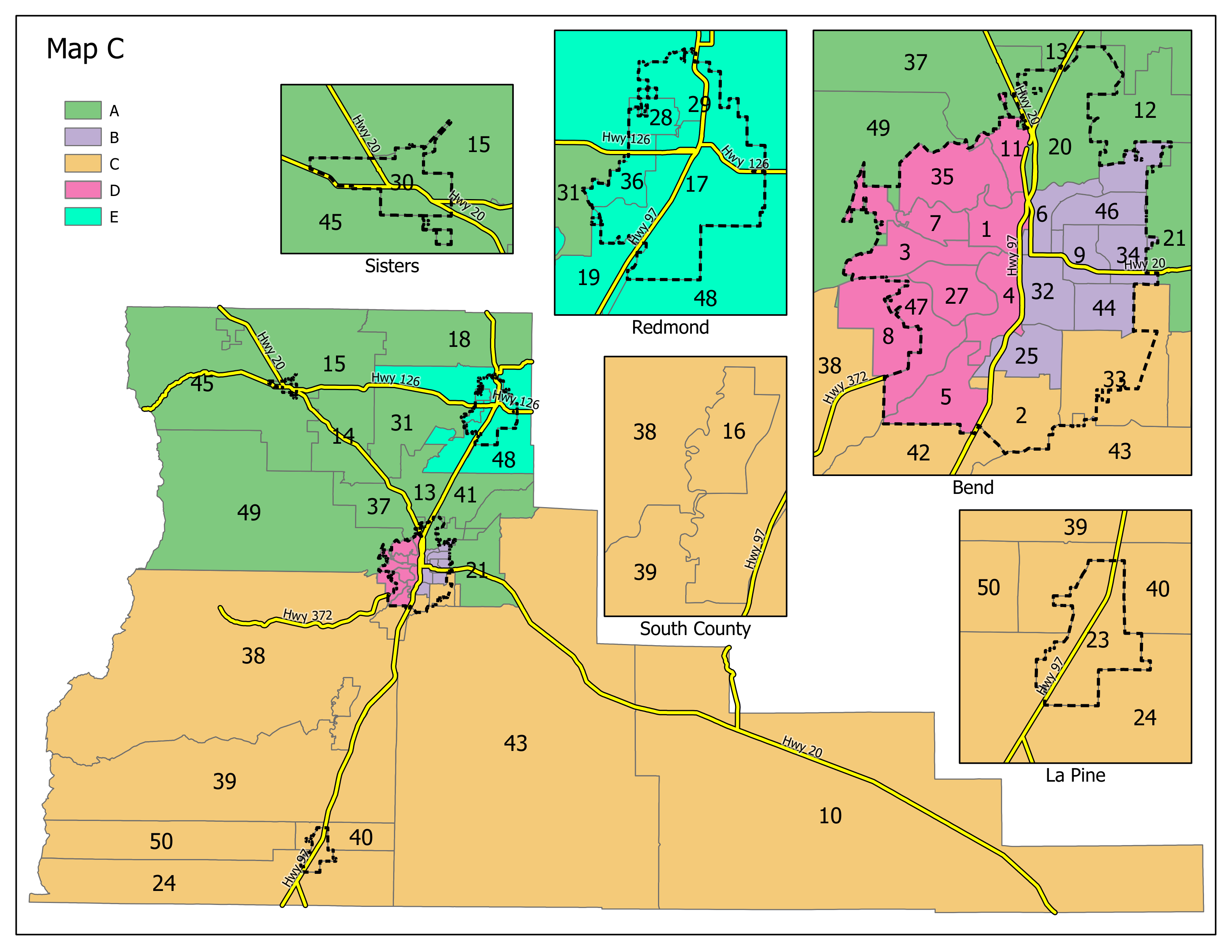 Map C: Proposed five-district map for Deschutes County showing District A (Sisters/north county) in green, District B (West Bend) in pink, District C (East Bend) in purple, District D (Redmond) in cyan, and District E (La Pine/south county) in tan.