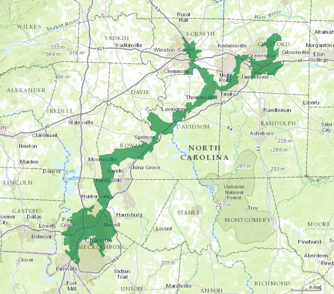 North Carolina 12th Congressional District - a thin strip stretching 120 miles from Charlotte to Greensboro along I-85