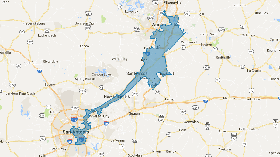 Texas 35th Congressional District - a thin ribbon connecting Austin to San Antonio along I-35